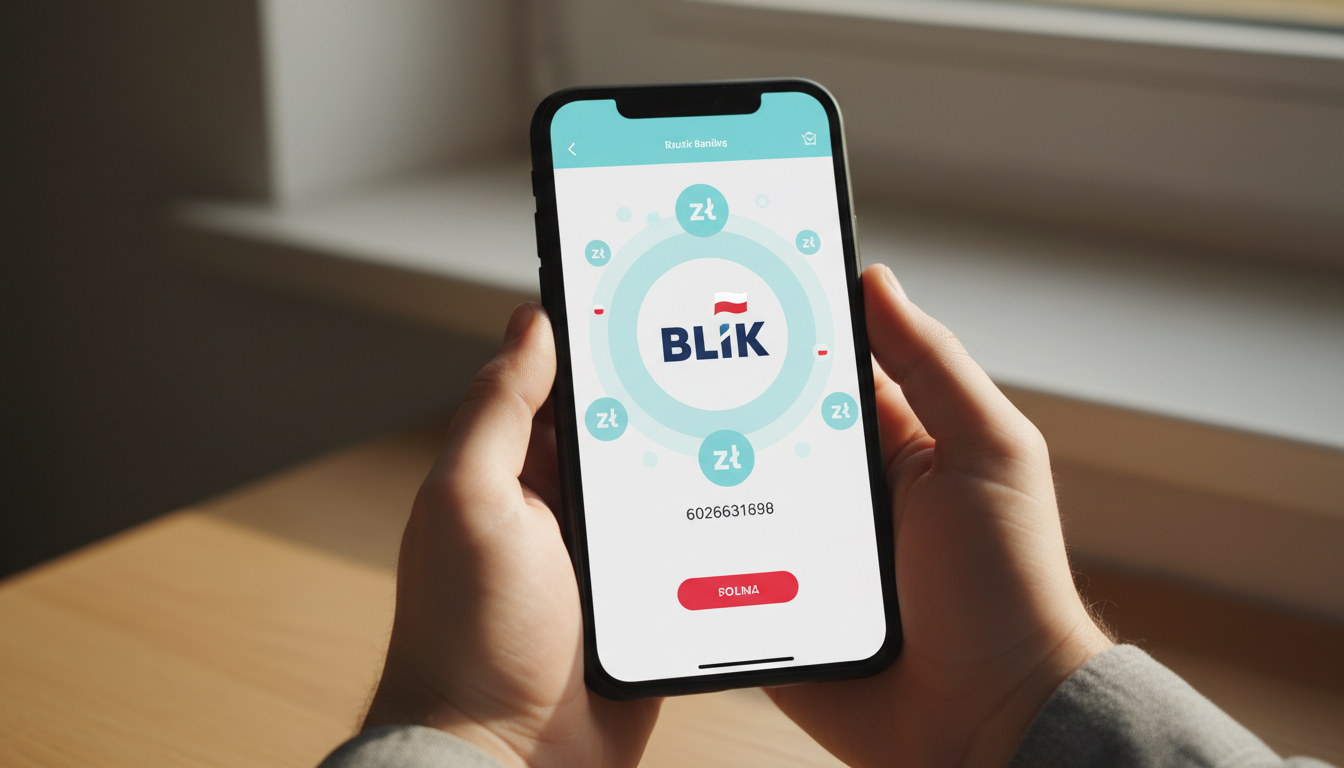 Kobieta trzymająca smartfon z logotypami polskich metod płatności